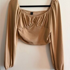 SHEIN Tan Ruched Bust Ribbed Cropped Top with Long Sleeves - Medium